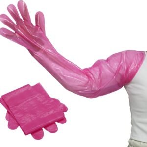 single-use waterproof disposable full sleeve glove for animals red pink