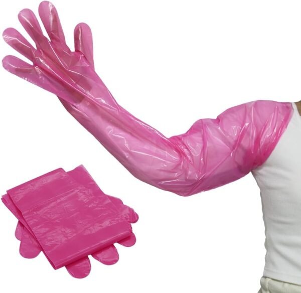 single-use waterproof disposable full sleeve glove for animals red pink