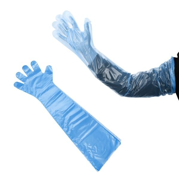 single-use waterproof disposable full sleeve glove for animals blue