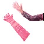 single-use waterproof disposable full sleeve glove for animals red pink