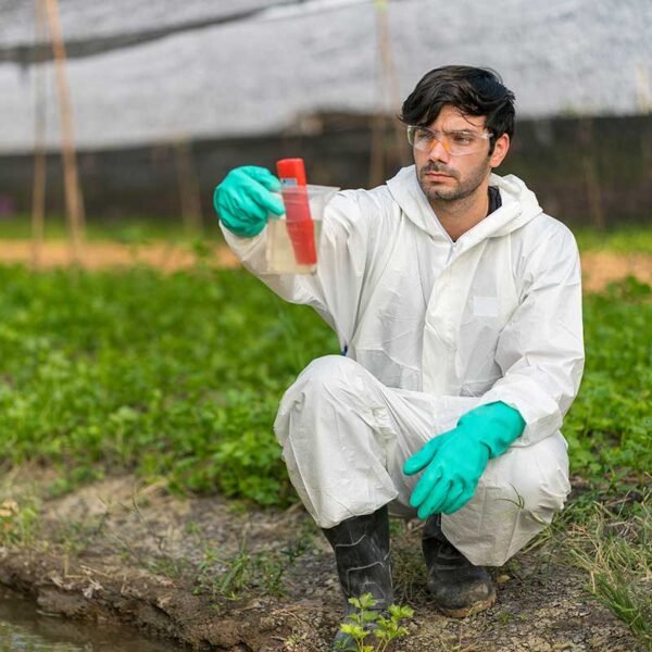 man in field with disposable waterproof coverall bodysuit doing agriculture work