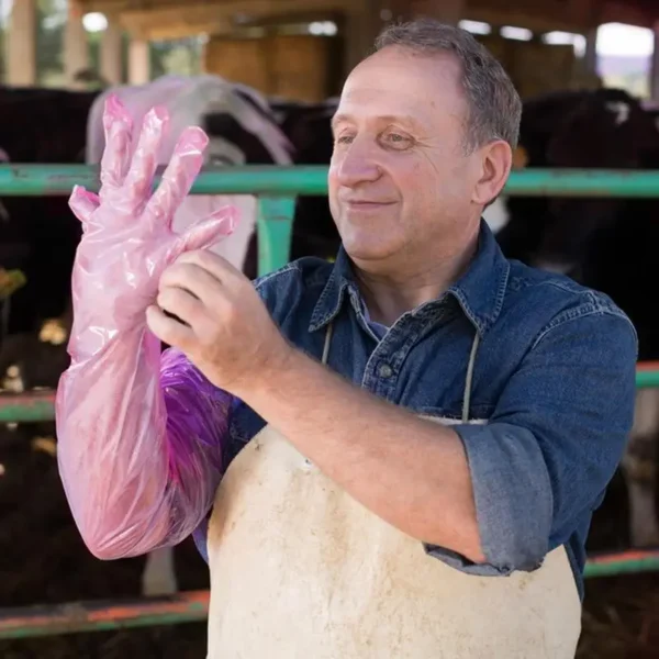 farm worker wearing single-use disposable artifical insemination full sleeve gloves preparing to do a rectal examination check on cows in a barn